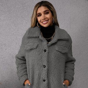 Button Down Long Sleeve Sherpa Fleece Coat